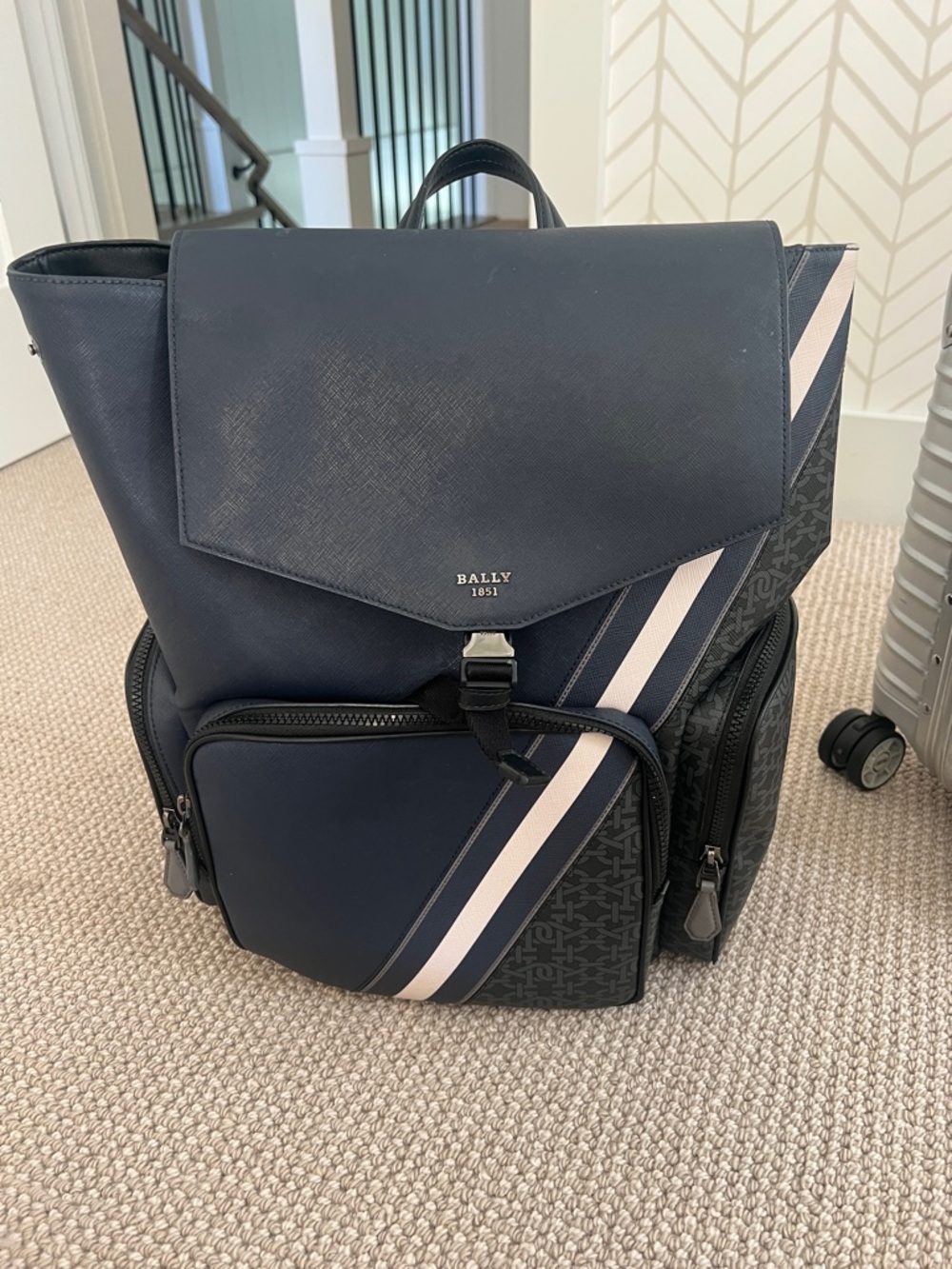 Bally Navy Backpack with Pink and White Racing Stripes